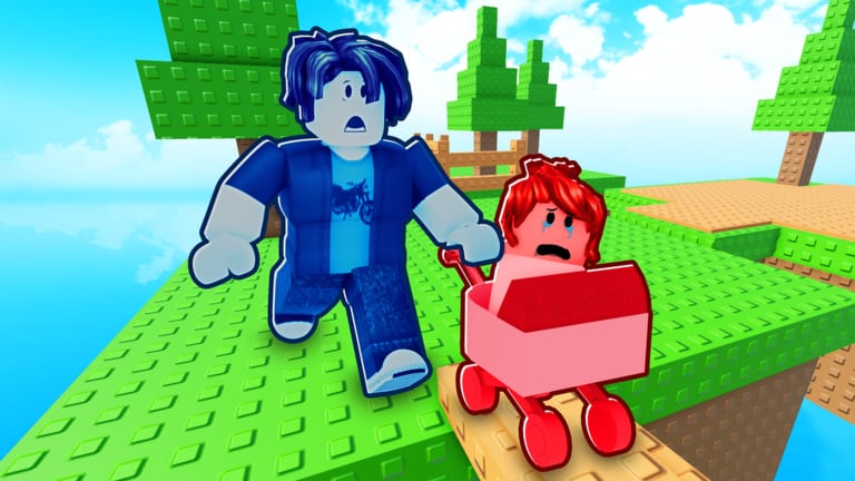Carry a Baby Roblox screenshot of a themed obstacle course world with traps and platforms